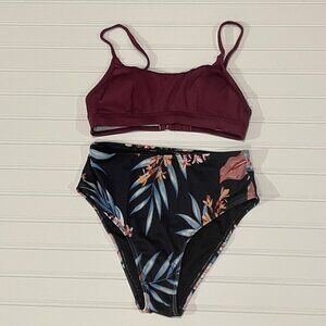 Cupshe Women Bikini Small NWT 2 Piece Maroon Black Ribbed Tropical High Waist